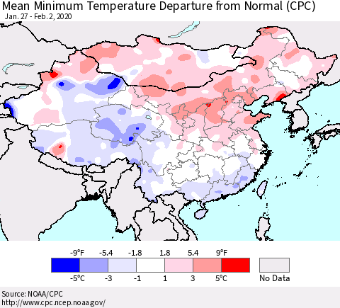 China, Mongolia and Taiwan Mean Minimum Temperature Departure from Normal (CPC) Thematic Map For 1/27/2020 - 2/2/2020