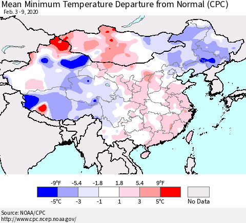 China, Mongolia and Taiwan Mean Minimum Temperature Departure from Normal (CPC) Thematic Map For 2/3/2020 - 2/9/2020