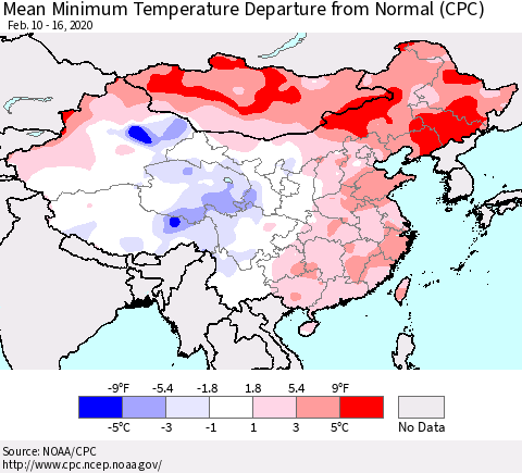 China, Mongolia and Taiwan Mean Minimum Temperature Departure from Normal (CPC) Thematic Map For 2/10/2020 - 2/16/2020