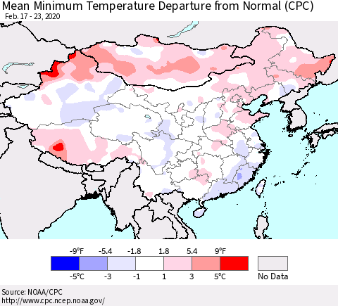 China, Mongolia and Taiwan Mean Minimum Temperature Departure from Normal (CPC) Thematic Map For 2/17/2020 - 2/23/2020