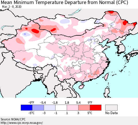 China, Mongolia and Taiwan Mean Minimum Temperature Departure from Normal (CPC) Thematic Map For 3/2/2020 - 3/8/2020