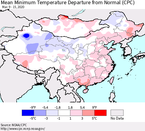 China, Mongolia and Taiwan Mean Minimum Temperature Departure from Normal (CPC) Thematic Map For 3/9/2020 - 3/15/2020