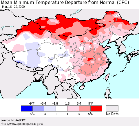 China, Mongolia and Taiwan Mean Minimum Temperature Departure from Normal (CPC) Thematic Map For 3/16/2020 - 3/22/2020
