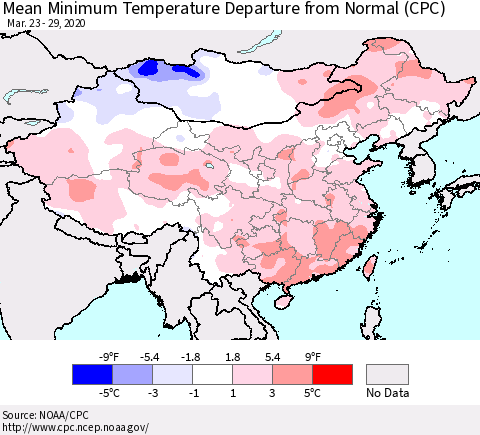 China, Mongolia and Taiwan Mean Minimum Temperature Departure from Normal (CPC) Thematic Map For 3/23/2020 - 3/29/2020