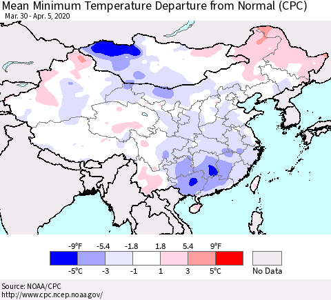 China, Mongolia and Taiwan Mean Minimum Temperature Departure from Normal (CPC) Thematic Map For 3/30/2020 - 4/5/2020