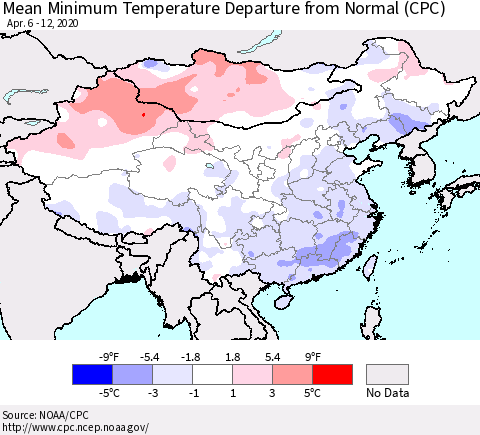 China, Mongolia and Taiwan Mean Minimum Temperature Departure from Normal (CPC) Thematic Map For 4/6/2020 - 4/12/2020
