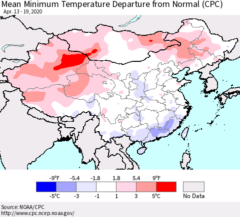 China, Mongolia and Taiwan Mean Minimum Temperature Departure from Normal (CPC) Thematic Map For 4/13/2020 - 4/19/2020