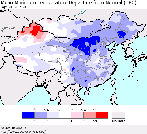 China, Mongolia and Taiwan Mean Minimum Temperature Departure from Normal (CPC) Thematic Map For 4/20/2020 - 4/26/2020