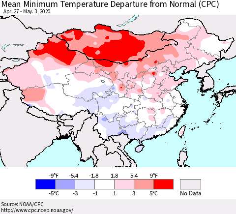 China, Mongolia and Taiwan Mean Minimum Temperature Departure from Normal (CPC) Thematic Map For 4/27/2020 - 5/3/2020
