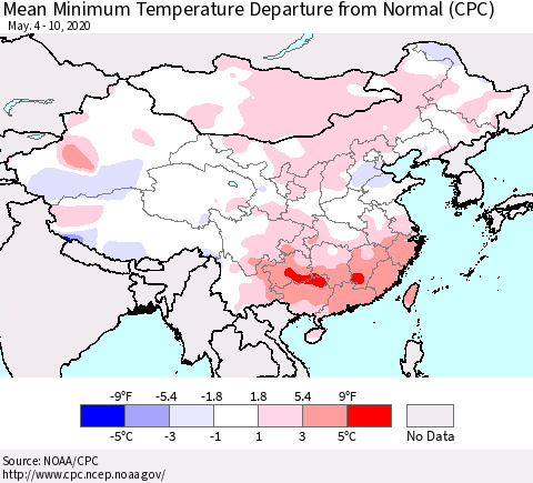 China, Mongolia and Taiwan Mean Minimum Temperature Departure from Normal (CPC) Thematic Map For 5/4/2020 - 5/10/2020