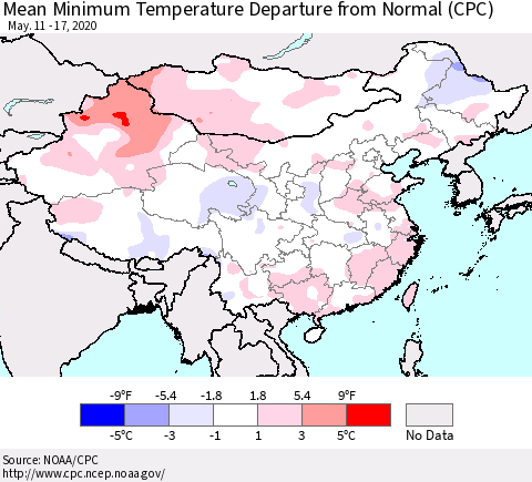 China, Mongolia and Taiwan Mean Minimum Temperature Departure from Normal (CPC) Thematic Map For 5/11/2020 - 5/17/2020