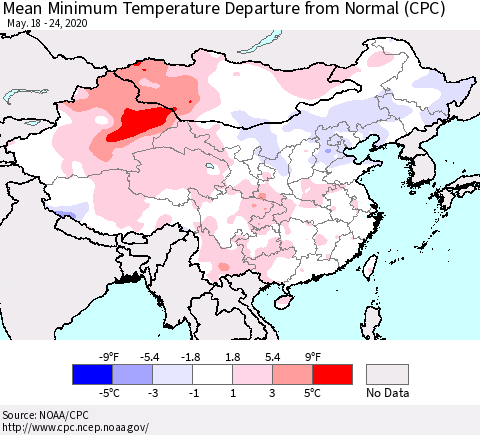 China, Mongolia and Taiwan Mean Minimum Temperature Departure from Normal (CPC) Thematic Map For 5/18/2020 - 5/24/2020