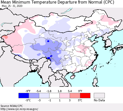 China, Mongolia and Taiwan Mean Minimum Temperature Departure from Normal (CPC) Thematic Map For 5/25/2020 - 5/31/2020