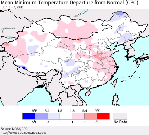 China, Mongolia and Taiwan Mean Minimum Temperature Departure from Normal (CPC) Thematic Map For 6/1/2020 - 6/7/2020