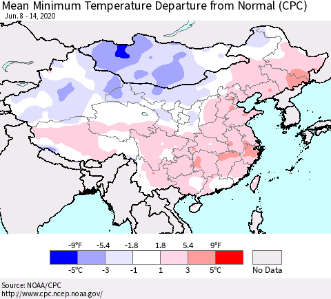 China, Mongolia and Taiwan Mean Minimum Temperature Departure from Normal (CPC) Thematic Map For 6/8/2020 - 6/14/2020