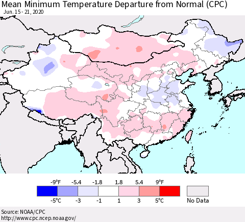 China, Mongolia and Taiwan Mean Minimum Temperature Departure from Normal (CPC) Thematic Map For 6/15/2020 - 6/21/2020