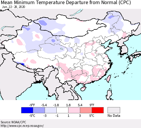 China, Mongolia and Taiwan Mean Minimum Temperature Departure from Normal (CPC) Thematic Map For 6/22/2020 - 6/28/2020