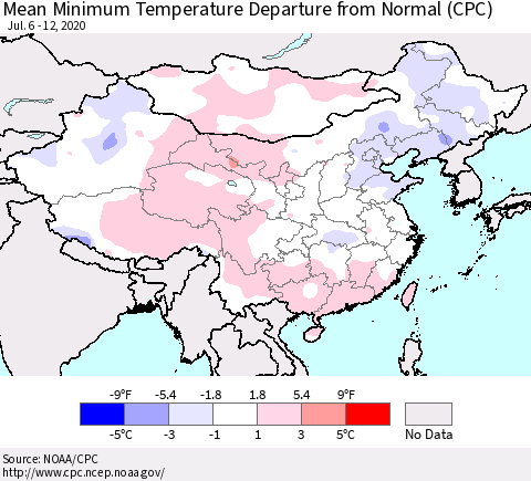 China, Mongolia and Taiwan Mean Minimum Temperature Departure from Normal (CPC) Thematic Map For 7/6/2020 - 7/12/2020
