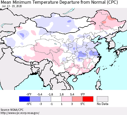 China, Mongolia and Taiwan Mean Minimum Temperature Departure from Normal (CPC) Thematic Map For 7/13/2020 - 7/19/2020