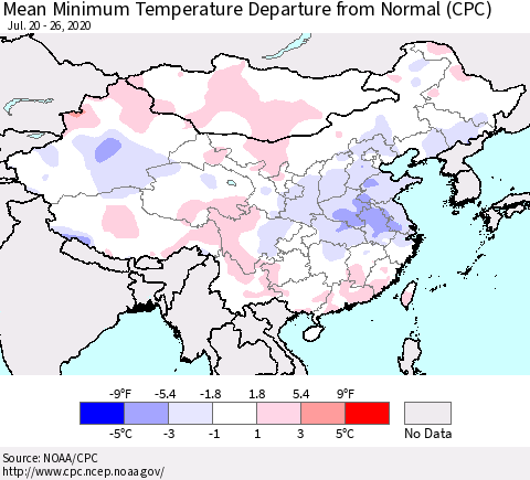China, Mongolia and Taiwan Mean Minimum Temperature Departure from Normal (CPC) Thematic Map For 7/20/2020 - 7/26/2020