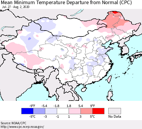 China, Mongolia and Taiwan Mean Minimum Temperature Departure from Normal (CPC) Thematic Map For 7/27/2020 - 8/2/2020