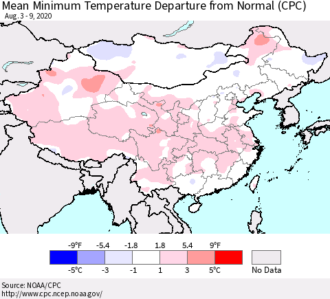 China, Mongolia and Taiwan Mean Minimum Temperature Departure from Normal (CPC) Thematic Map For 8/3/2020 - 8/9/2020