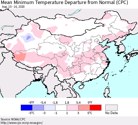 China, Mongolia and Taiwan Mean Minimum Temperature Departure from Normal (CPC) Thematic Map For 8/10/2020 - 8/16/2020