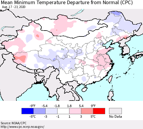 China, Mongolia and Taiwan Mean Minimum Temperature Departure from Normal (CPC) Thematic Map For 8/17/2020 - 8/23/2020