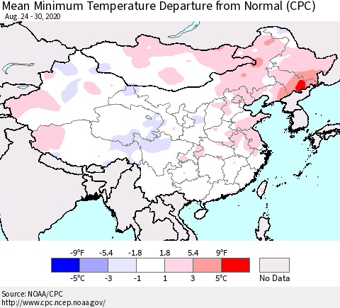 China, Mongolia and Taiwan Mean Minimum Temperature Departure from Normal (CPC) Thematic Map For 8/24/2020 - 8/30/2020