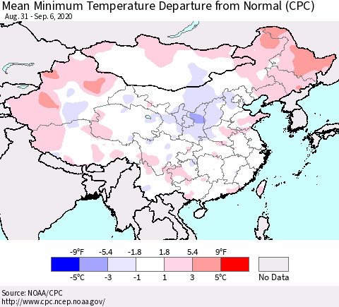 China, Mongolia and Taiwan Mean Minimum Temperature Departure from Normal (CPC) Thematic Map For 8/31/2020 - 9/6/2020