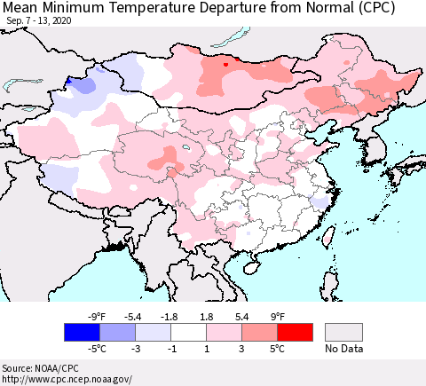 China, Mongolia and Taiwan Mean Minimum Temperature Departure from Normal (CPC) Thematic Map For 9/7/2020 - 9/13/2020