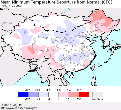 China, Mongolia and Taiwan Mean Minimum Temperature Departure from Normal (CPC) Thematic Map For 9/14/2020 - 9/20/2020