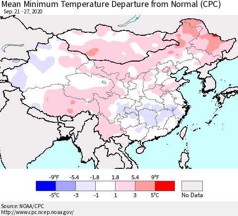China, Mongolia and Taiwan Mean Minimum Temperature Departure from Normal (CPC) Thematic Map For 9/21/2020 - 9/27/2020