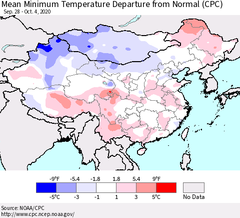 China, Mongolia and Taiwan Mean Minimum Temperature Departure from Normal (CPC) Thematic Map For 9/28/2020 - 10/4/2020