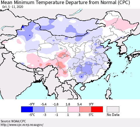 China, Mongolia and Taiwan Mean Minimum Temperature Departure from Normal (CPC) Thematic Map For 10/5/2020 - 10/11/2020