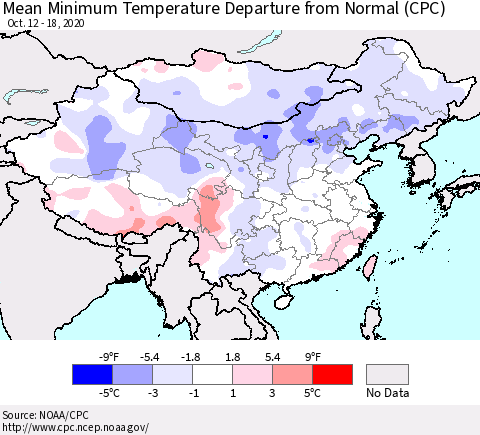 China, Mongolia and Taiwan Mean Minimum Temperature Departure from Normal (CPC) Thematic Map For 10/12/2020 - 10/18/2020