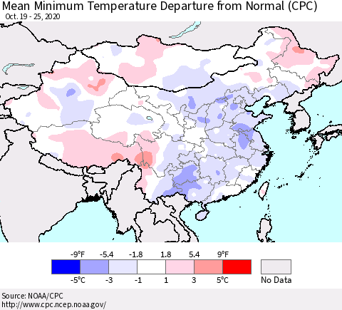 China, Mongolia and Taiwan Mean Minimum Temperature Departure from Normal (CPC) Thematic Map For 10/19/2020 - 10/25/2020