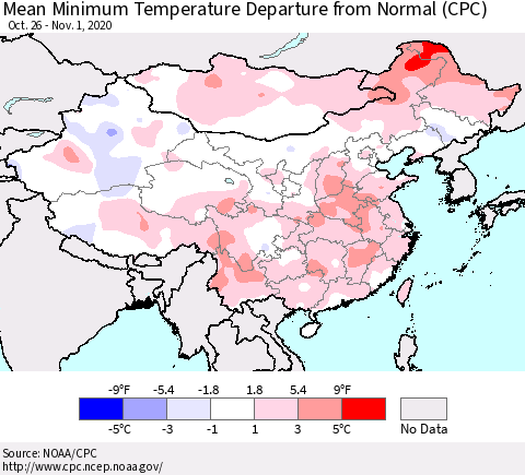 China, Mongolia and Taiwan Mean Minimum Temperature Departure from Normal (CPC) Thematic Map For 10/26/2020 - 11/1/2020
