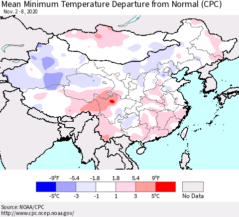 China, Mongolia and Taiwan Mean Minimum Temperature Departure from Normal (CPC) Thematic Map For 11/2/2020 - 11/8/2020