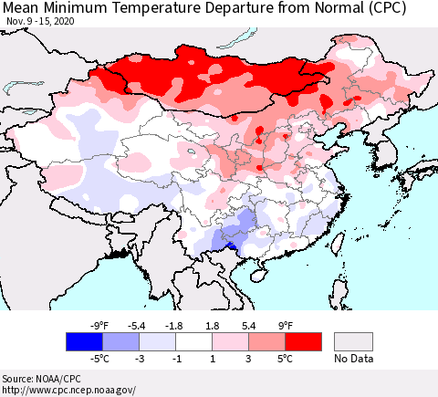 China, Mongolia and Taiwan Mean Minimum Temperature Departure from Normal (CPC) Thematic Map For 11/9/2020 - 11/15/2020