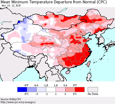 China, Mongolia and Taiwan Mean Minimum Temperature Departure from Normal (CPC) Thematic Map For 11/16/2020 - 11/22/2020
