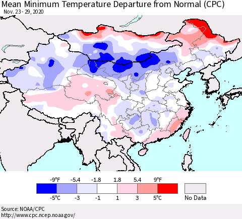 China, Mongolia and Taiwan Mean Minimum Temperature Departure from Normal (CPC) Thematic Map For 11/23/2020 - 11/29/2020
