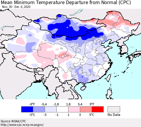 China, Mongolia and Taiwan Mean Minimum Temperature Departure from Normal (CPC) Thematic Map For 11/30/2020 - 12/6/2020
