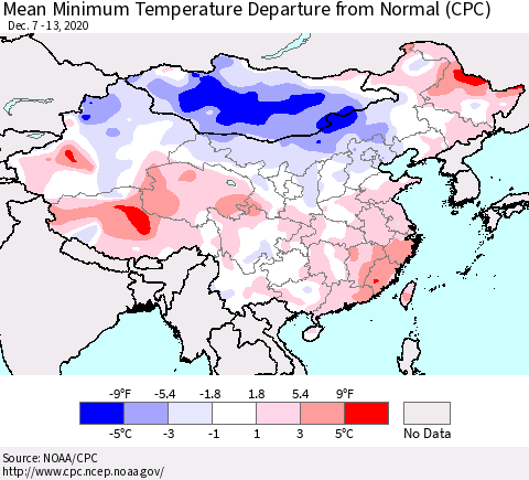 China, Mongolia and Taiwan Mean Minimum Temperature Departure from Normal (CPC) Thematic Map For 12/7/2020 - 12/13/2020