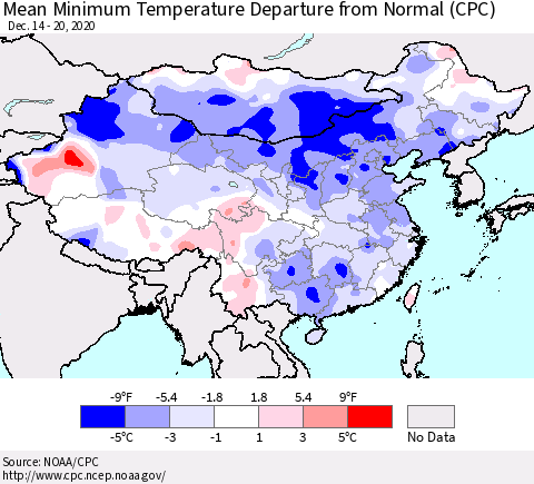 China, Mongolia and Taiwan Mean Minimum Temperature Departure from Normal (CPC) Thematic Map For 12/14/2020 - 12/20/2020