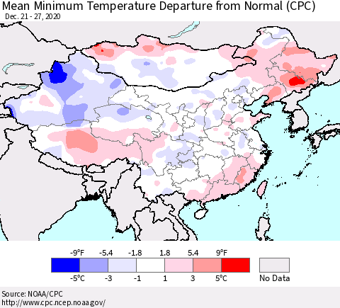 China, Mongolia and Taiwan Mean Minimum Temperature Departure from Normal (CPC) Thematic Map For 12/21/2020 - 12/27/2020