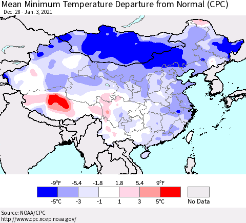 China, Mongolia and Taiwan Mean Minimum Temperature Departure from Normal (CPC) Thematic Map For 12/28/2020 - 1/3/2021