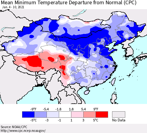 China, Mongolia and Taiwan Mean Minimum Temperature Departure from Normal (CPC) Thematic Map For 1/4/2021 - 1/10/2021