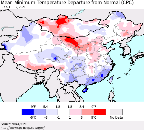China, Mongolia and Taiwan Mean Minimum Temperature Departure from Normal (CPC) Thematic Map For 1/11/2021 - 1/17/2021