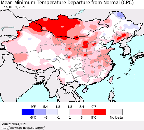 China, Mongolia and Taiwan Mean Minimum Temperature Departure from Normal (CPC) Thematic Map For 1/18/2021 - 1/24/2021